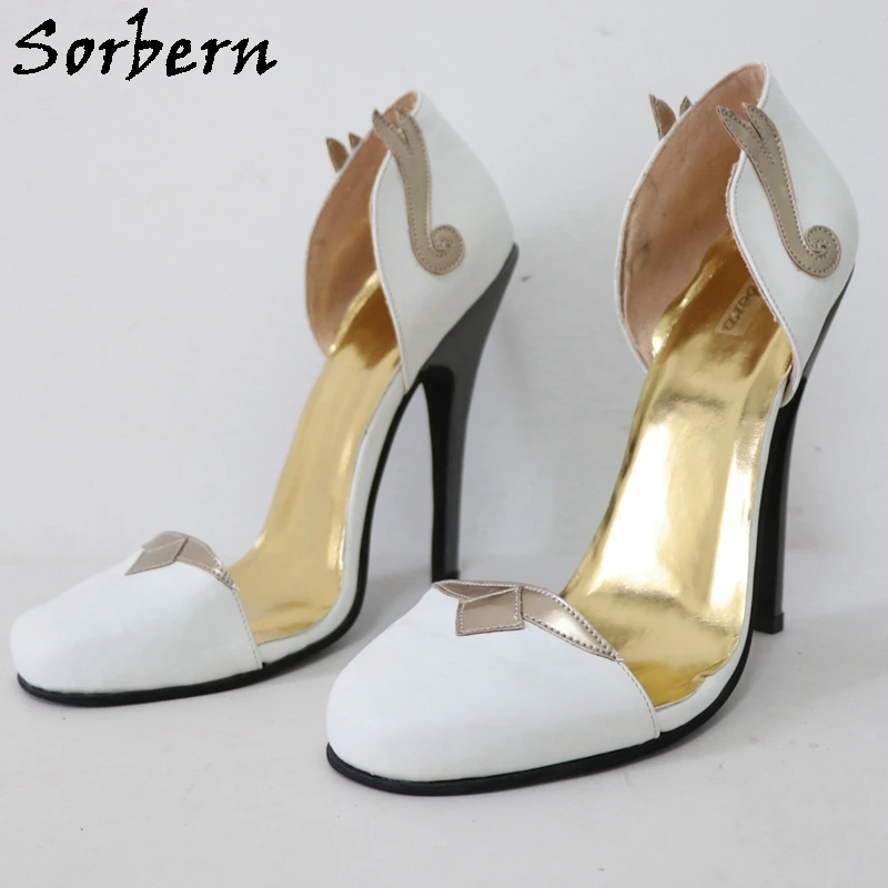 Sorbern White Two Piece Women Pump Shoes Round Toe High Heel Leaves Wings Slip On Stilettos Sissy Boy Multi Colors 16Cm Custom