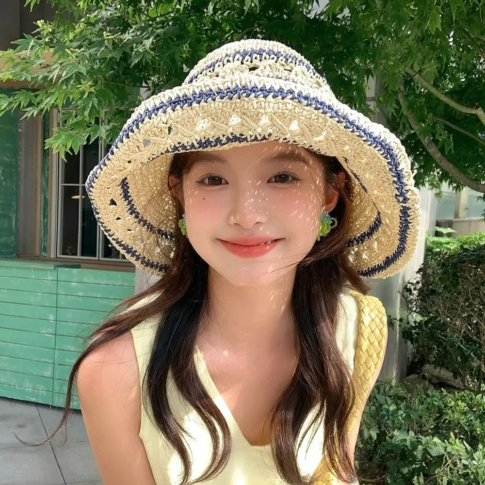 

Fashion Handmade Straw Bucket Cap Summer Beach Weave Crochet Hat Vacation Hollow Fisherman Caps Girls