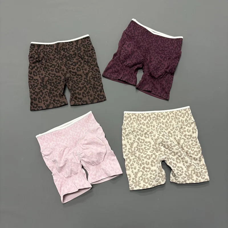 Women Leopard Print Gym Shorts Seamless High Waist Scrunch Butt Lifting Yoga Workout Running Fitness Tummy Control Shorts