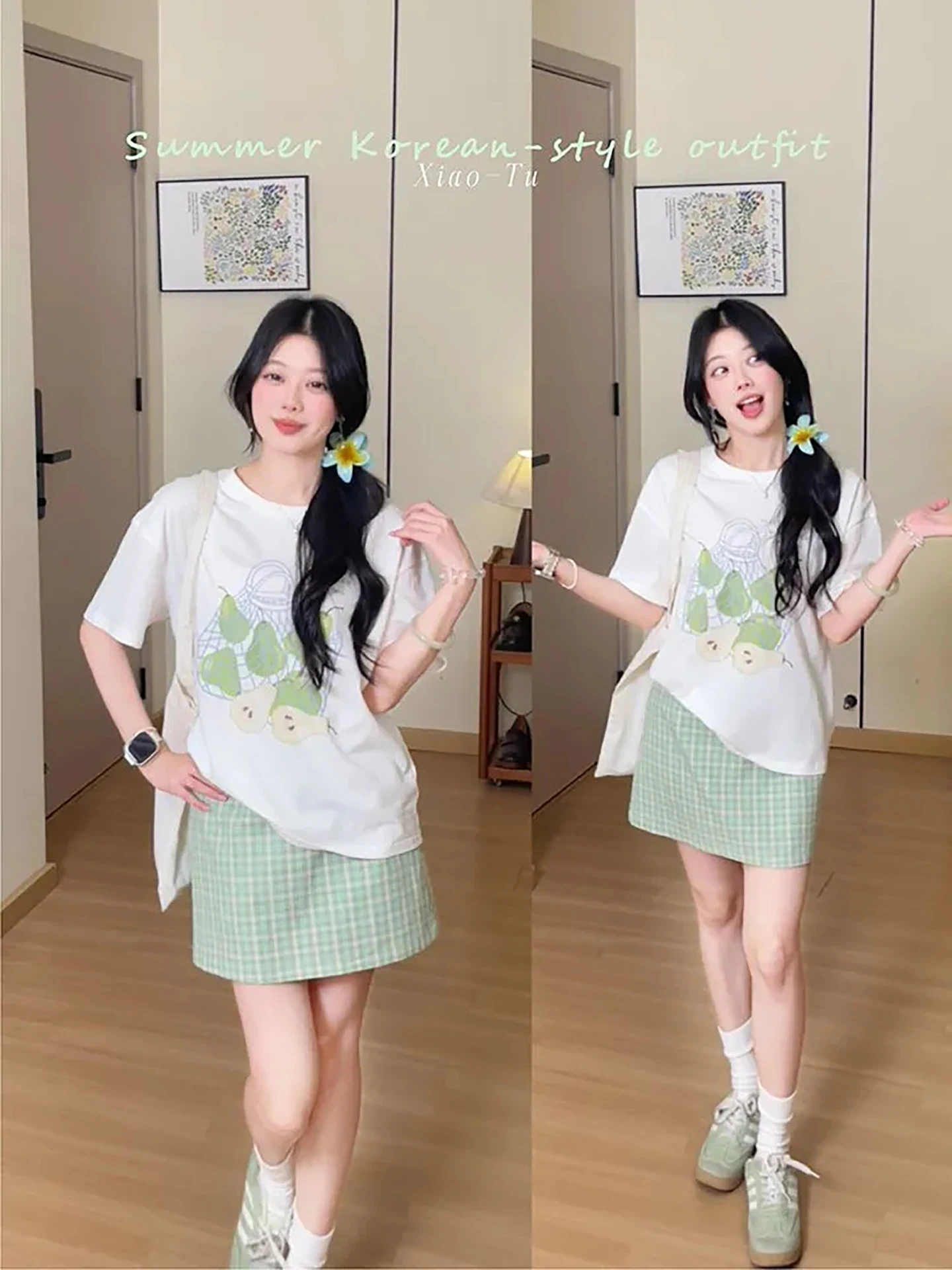 

Summer Fruit Print Short Sleeve Women's Top And Green Plaid Skirt Set Fashionable Student Uniform Style Elastic Regular...