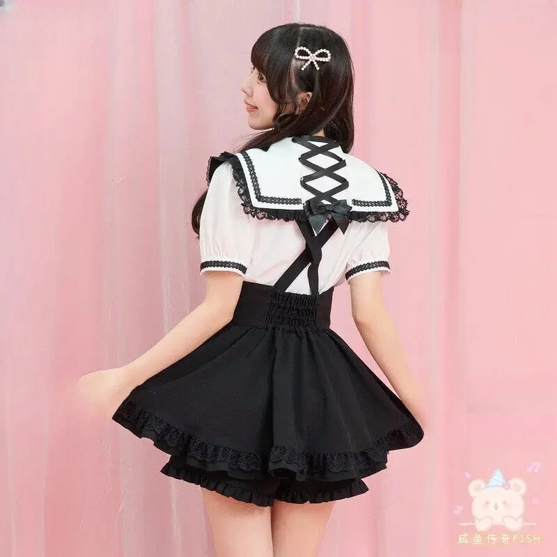 

Japanese Mass-produced College Style Uniform Shirt Cute Navy Collar Strap Lolita Short-sleeved Shirts New 2026 Summer Blouse Top