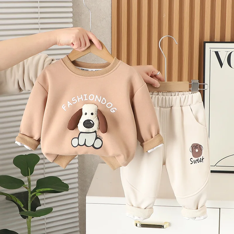 

Korean Fashion Kids Autumn Clothes 2025 Cute Cartoon Dog Long Sleeve Pullover Tops and Pants 2 Piece Suit for Boys Sportswear