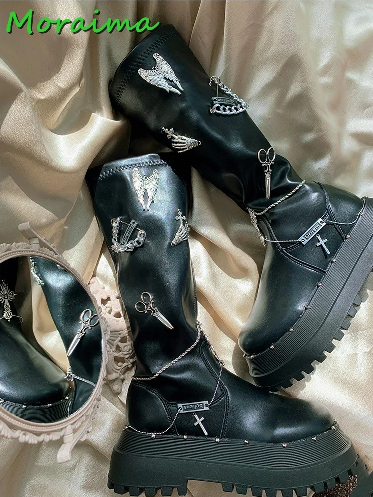 Chain Metal Decor Knee High Boots Round Toe Thick Bottom Side Zipper Leather Black Solid WInter Cool Women Shoes Fashion 2023