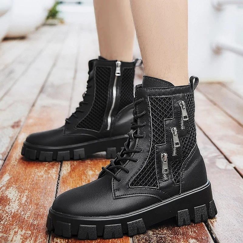 New White Men\'s Boots Fashion Tooling Men Shoes Thick Sole Men Black Ankle Boots Designer Platform Motorcycle Boots Man Footwear