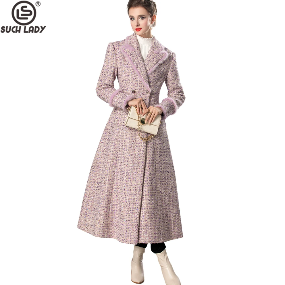 Women's Runway Coat Notched Collar Long Sleeves Double Breasted Elegant Fashion Outwear Woolen Coats
