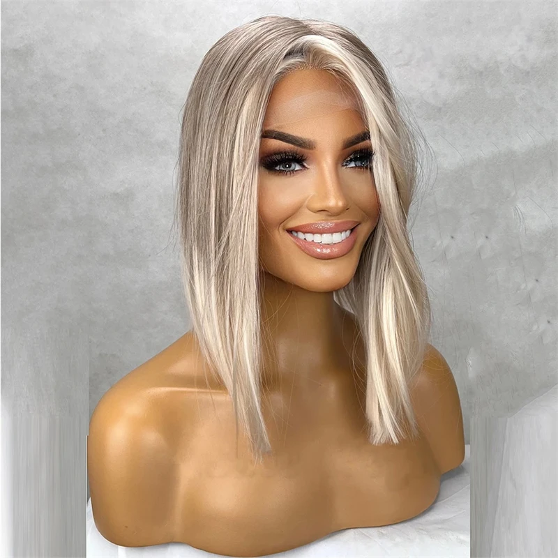 Ombre Light Ash Blonde Colored Highlights Short Bob Wig  Natural Synthetic Hair Lace Frontal Wigs For Women FUTURA Soft Wigs