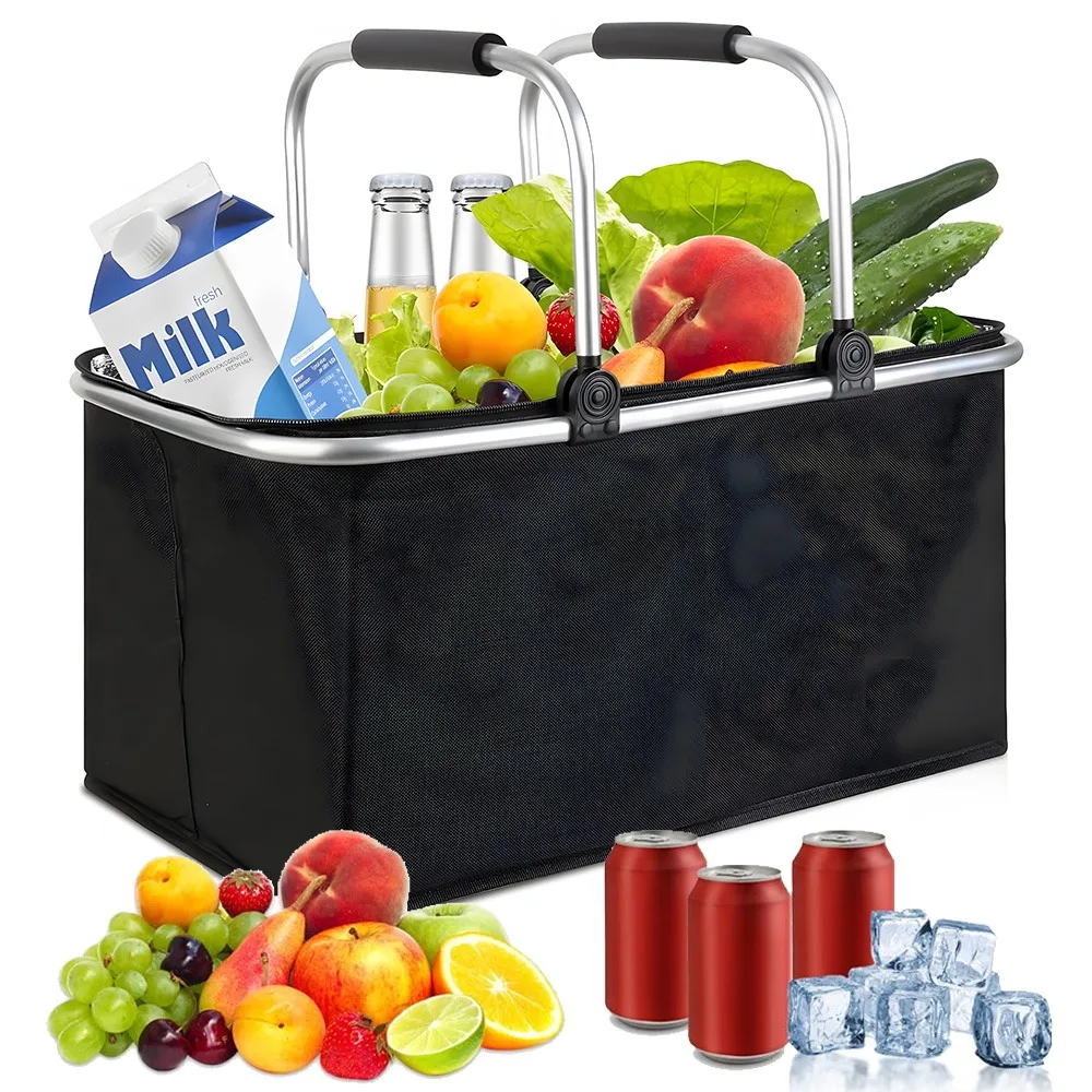 30-Liter-Isolierter Picknickkorb mit klappbarem Griff, tragbarer Innentasche und robuster Stützstruktur für Einkäufe, Camping, Reisen, Familienpicknicks, Grillabende und Strandaktivitäten