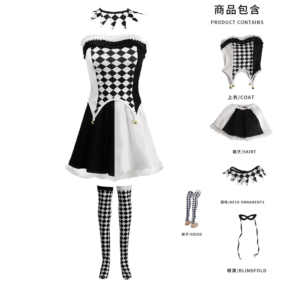 Costume de femme clown démon vampire, haut et jupe à carreaux noir et blanc, collier, bandeau, chaussettes, ensemble pour fête d'Halloween