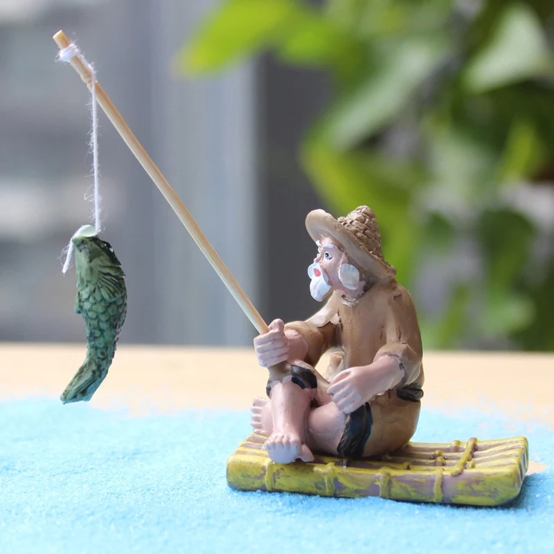 Fishing Old Man Resin Figure Statue Garden Ornament Micro-Landscape Garden Craft 1pc
