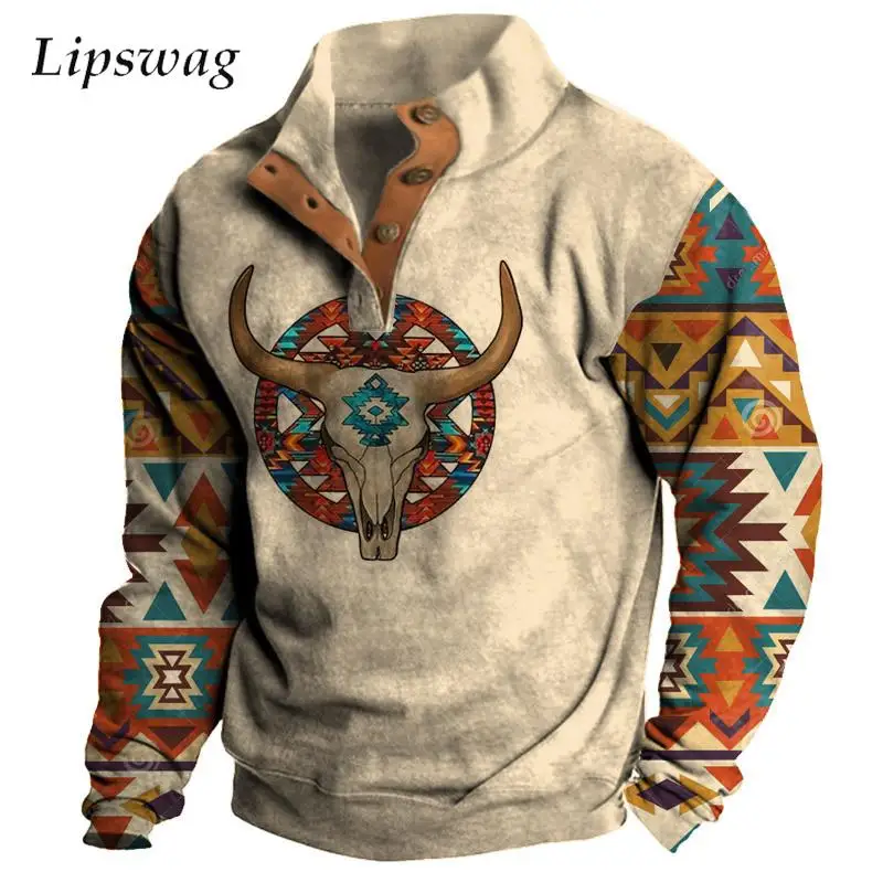 

Fall Casual Mens Sweatshirt Stand Collar Button-up Long Sleeve Hoodie For Men Vintage Graphic Print Tops Men's Clothing Oversize