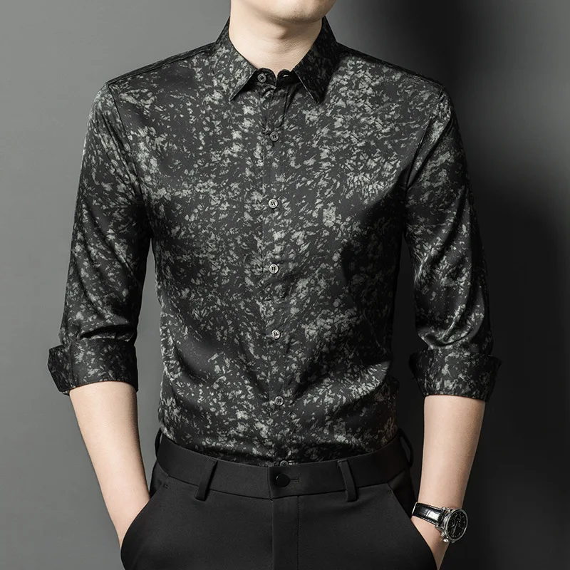 Men Clothes Spring Autumn Men Long Sleeve Shirt Silk Flower Shirt Business Casual