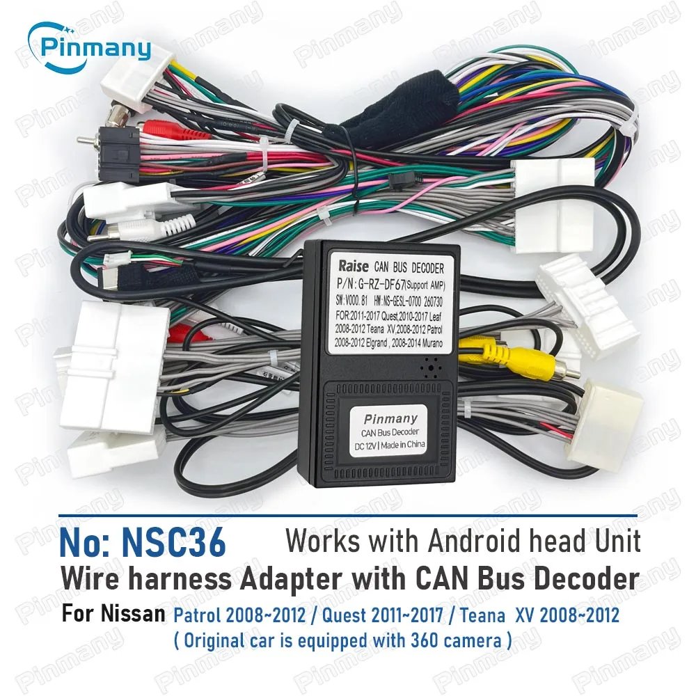 NSC36 Car Radio Cable Wiring Harness Adapter with RAISE G-RZ-DF67 CAN BUS Decoder for Nissan Patrol Quest Teana XV
