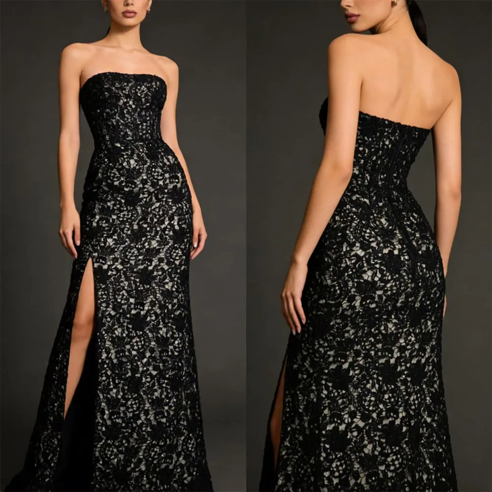 

High Quality Customized Strapless High Fork Sleeveless A-line Black Vestidos Longos De Luxo Casamento Convidada Prom Dresses