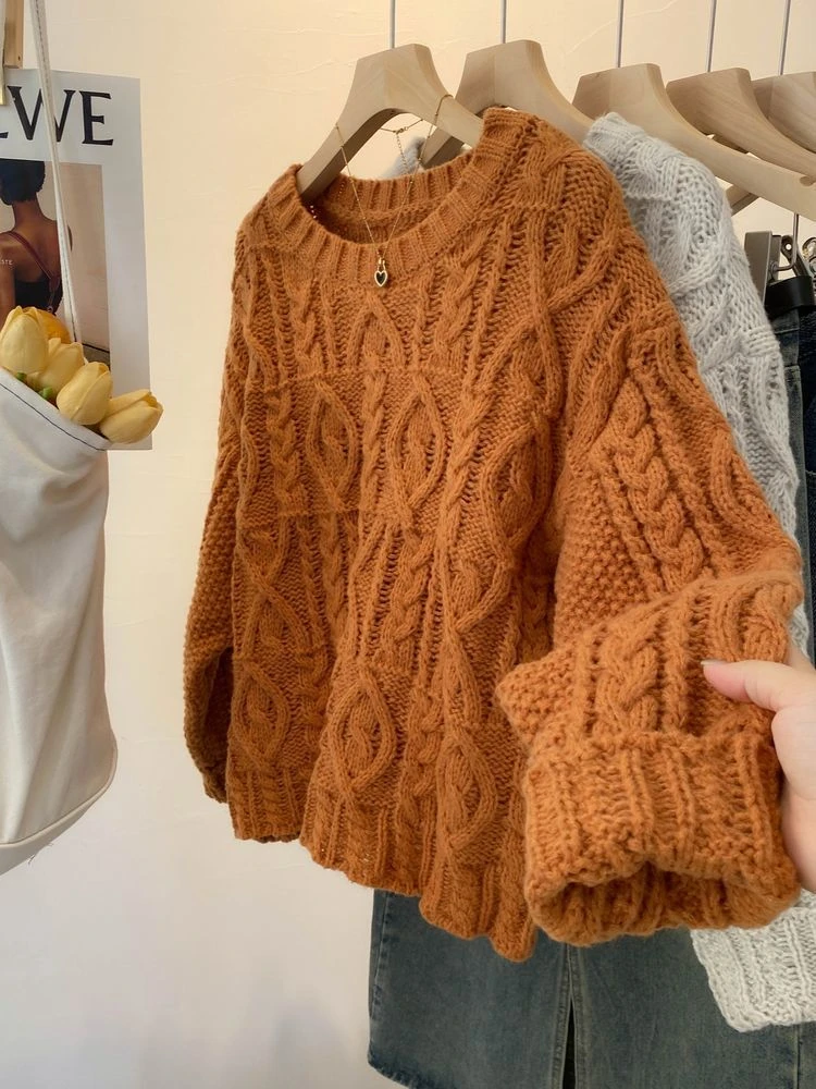 

Women's Round Neck Solid Color Vintage Knitted Sweater 90s Casual Female Long Sleeve Autumn Oversized Thin Knitted Pullover