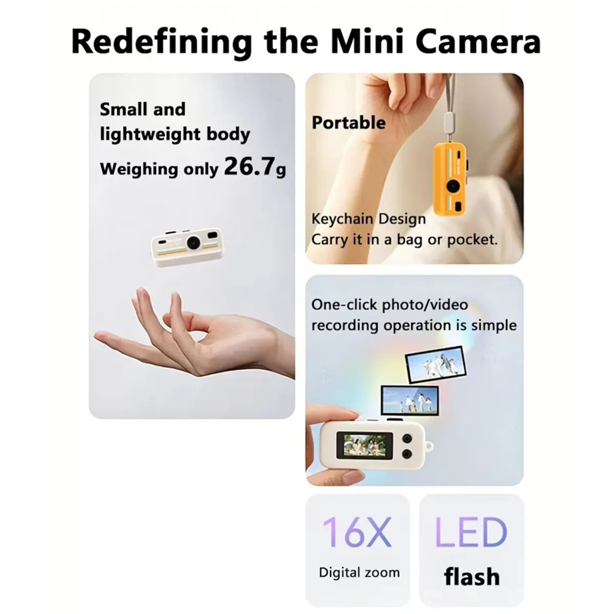 giftnew 16x Zoom 2K HD Mini Digital Camera Retro CCD 32G Portable Vlogging Keychain Camera Student-Friendly with Flash Orange