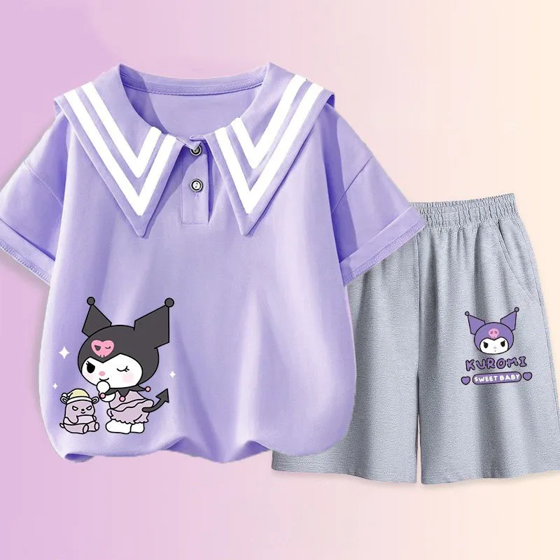 Sanrios Hello Kittys Summer Kids Casual Suit Kuromi Cinnamoroll Cotton T-Shirt Navy Collar Tops Preppy Style Short Sleeve Shorts