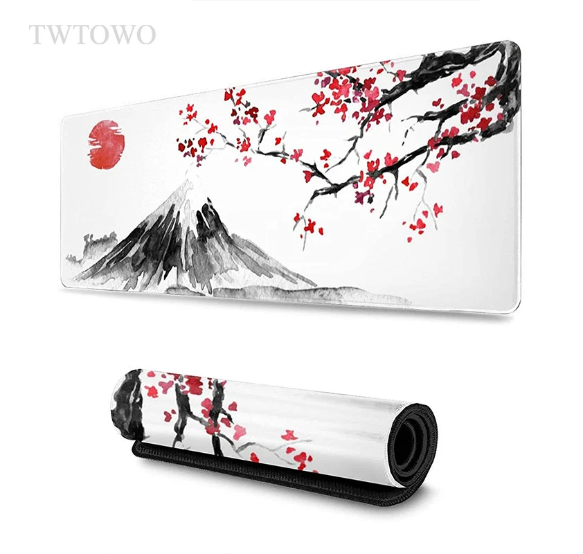 Mouse Pad estilo japonês para gamer, tapetes de mesa, borracha natural, monte Fuji, flor de cerejeira, pássaro, sakura, grande, xl, XXL