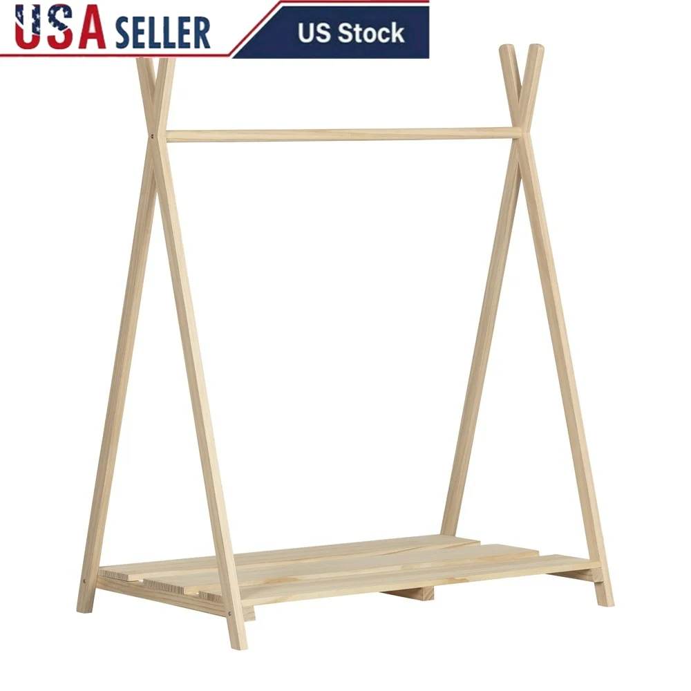 

Scandinavian Clothes Rack Kids Open Wardrobe Natural Wood Storage Playroom Organization Tipi Design Independent Use