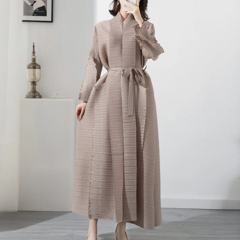 

High Quality Fast Delivery Stock Miyake Pleated Petal Sleeve Women Skirts Lapel Cardigan Belt Plus Size Maxi Dress