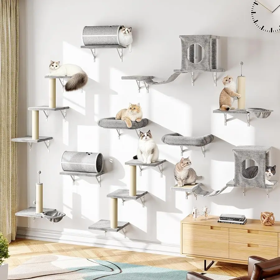 

NUNU LAB 14-in-1 Cat Wall Shelves Set, Wall-Mounted Cat Climber with Bridge, Tunnel, House, Scratcher, Steps, Indoor Space-Savin