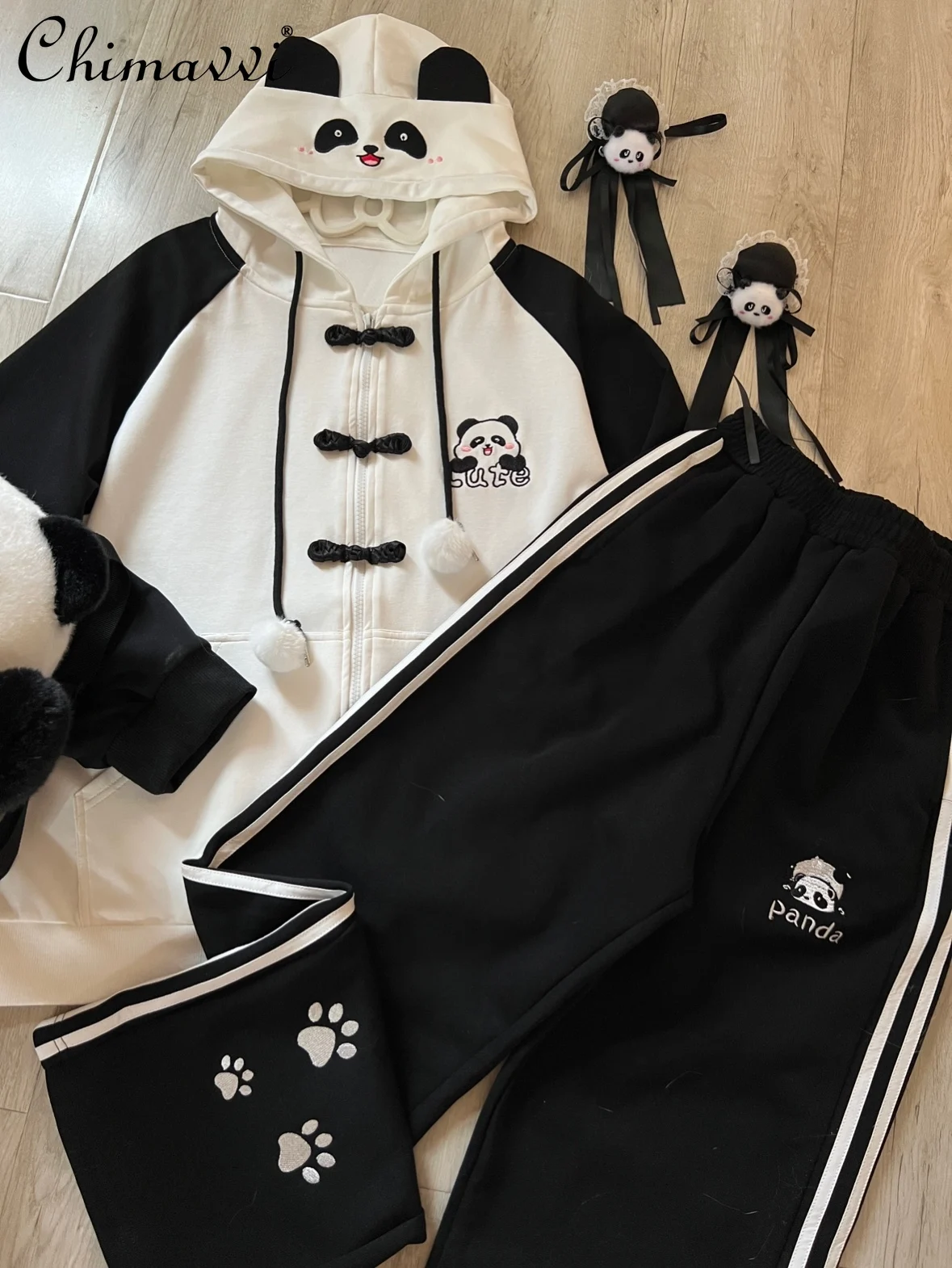 Original Japanese Cute Soft Girl Shoulder Sleeve Panda Print Hooded Jacket Trousers Two-piece Set Autumn Sports Leisure Outfit