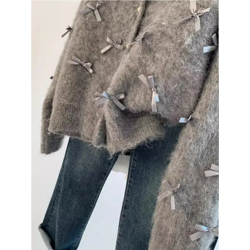 Fall/Winter 2024 Grey Bow Sweater Femininity High Soft Mohair Knit Cardigan Coat Casual Top