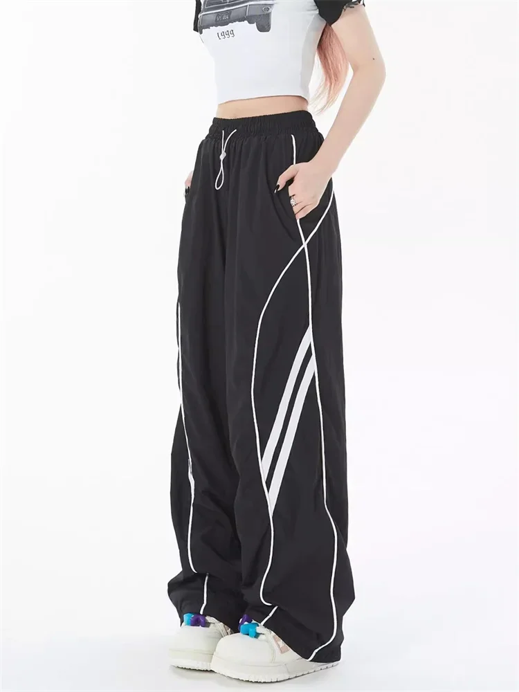 QWEEK Harajuku Egirl Gray Track Pants Women Y2K Vintage Striped Sweatpants Oversized Streetwear Hippie Wide Leg Black Joggers