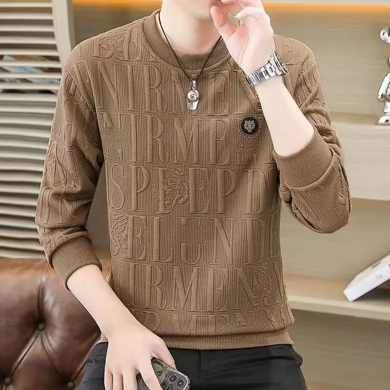 

Men's T-shirt Long Sleeve Autumn and Winter New Jacquard Casual Men's Sweater Crew Neck Trend Bottom Shirt Top