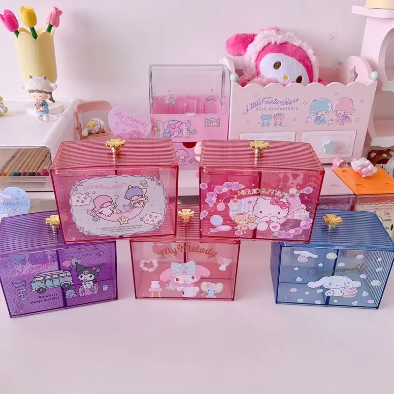 

Sanrio Kawaii Hello Kitty Acrylic Storage Box Kuromi My Melody Anime Cartoon Desktop Dustproof Cosmetic Organizer Box with Cover