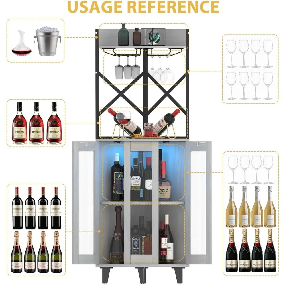 ตู้ไวน์มุมพร้อมบานกระจกแบบล็อคได้และไฟ LED, ชั้นวางเหล้า 4 ชั้น, บาร์บ้านสไตล์โมเดิร์นฟาร์มเฮาส์สำหรับห้องครัว/ห้องรับประทานอาหาร