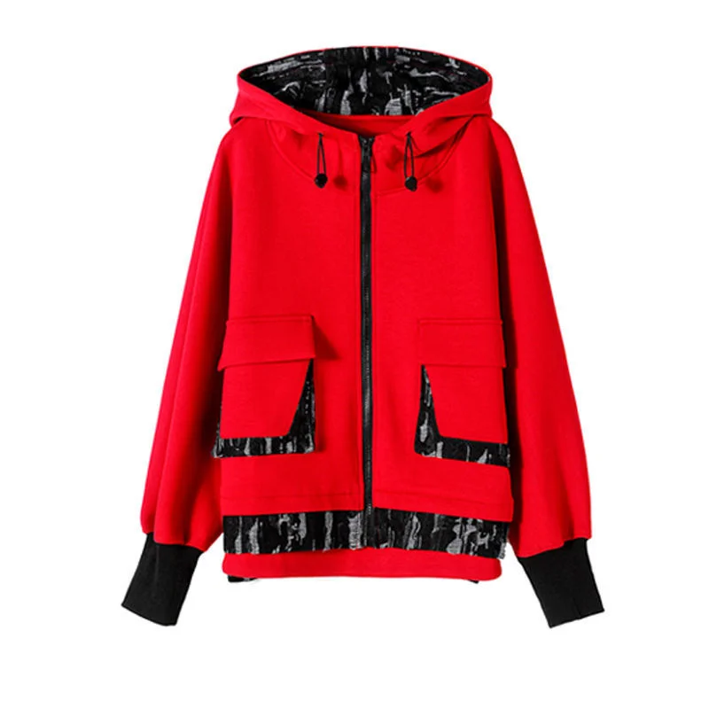 

2022 Spring Autumn New Women Jacket Hooded Stitching Loose All-Match Long-Sleeved Zipper Top Young And Middle-Aged Jacket Female