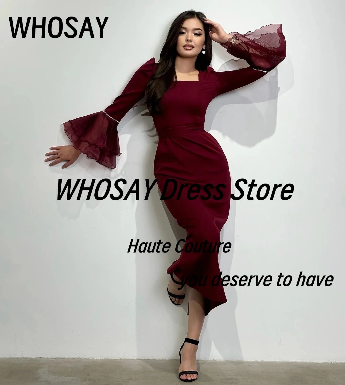 WHOSAY Burgundy Prom Dresses Long Sleeves Evening Gowns Square Neck Robe Des Cocktail Party Dress Customized