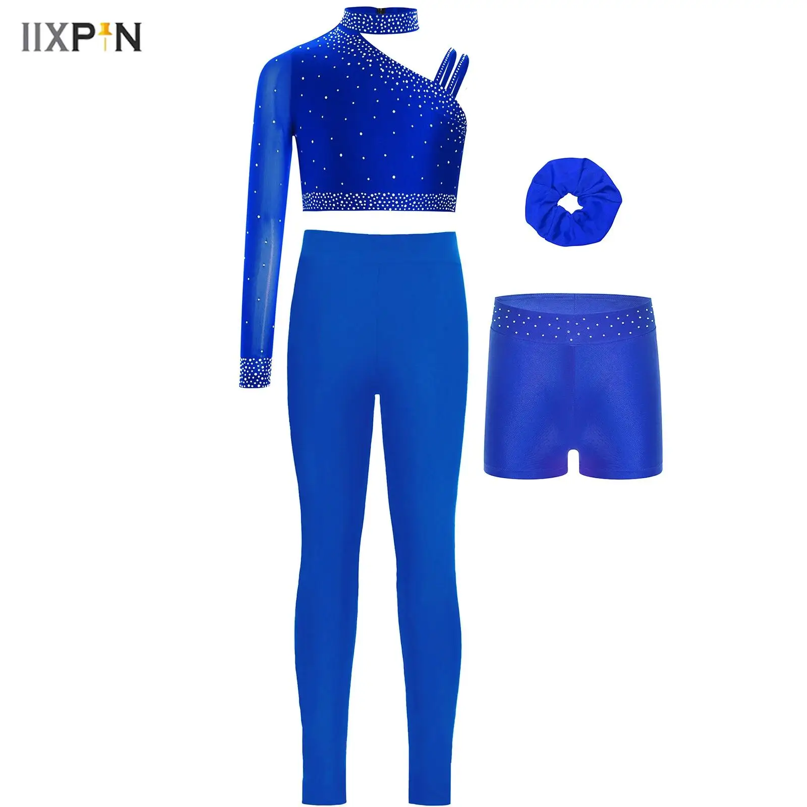 

Kids Girls Gymnastics Dance Outfit Sparkly Rhinestones Crop Tops+Shorts+Hairband+Leggings Pants for Yoga Workout Performance
