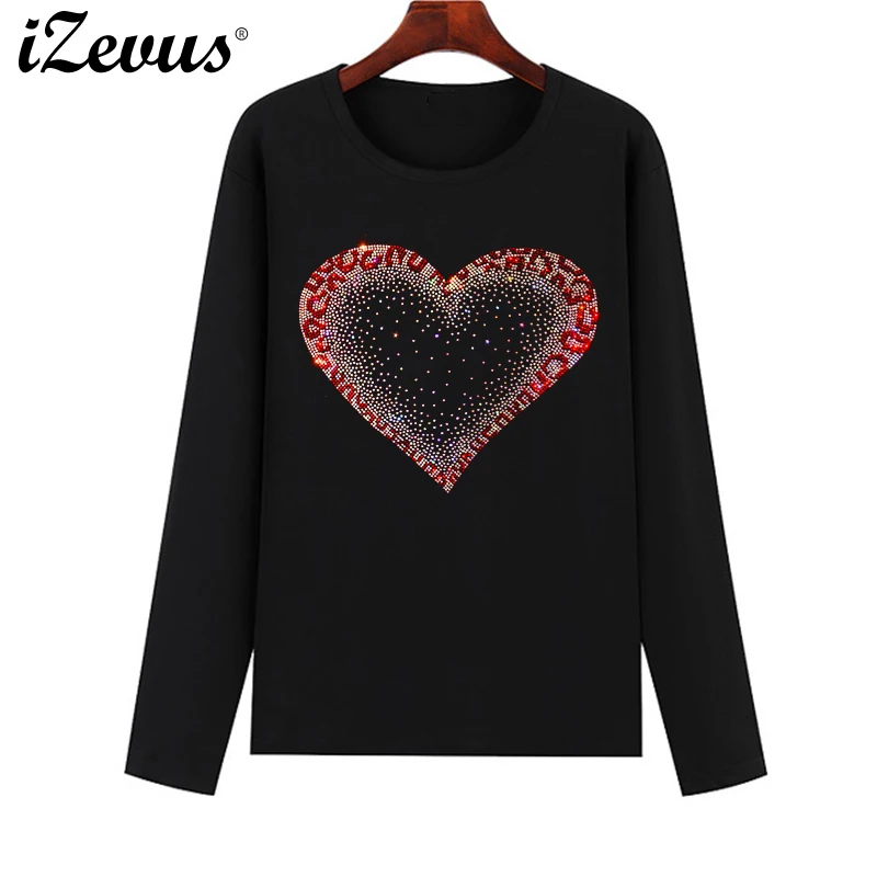 Hot sale high quality women's fall fashion Australian diamond T-shirt shining creative love heart cotton casual T-shirt