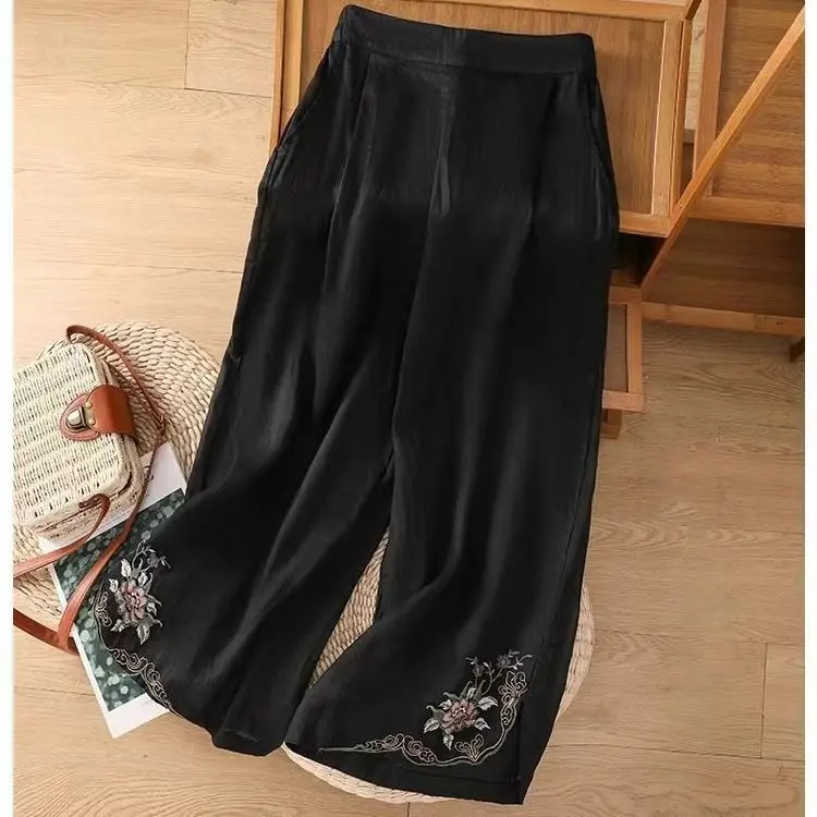Pantalones cortos elegantes de cintura alta para mujer, pantalón informal, holgado, estilo chino, estilo nacional, bordado Retro, ligero, transpirable