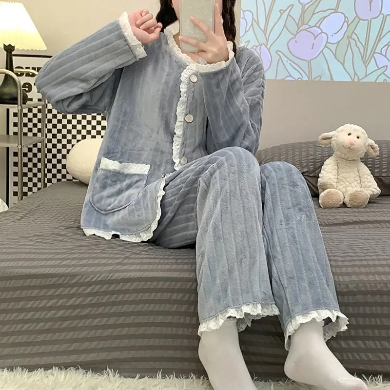 2023 Autumn Winter New Women Pajamas Coral Fleece Thickened Warm Two-Piece Suit Loose Casual Home Wear pure color Nightclothes