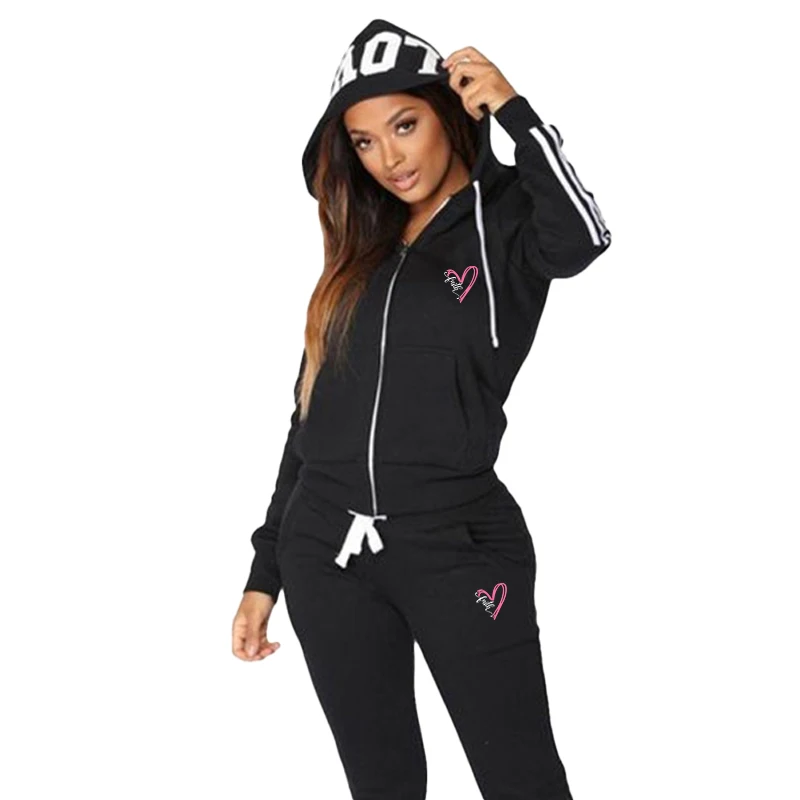 Summer women\'s full zip hoodie+sports pants two-piece set of sportswear printed hooded jogging sportswear two-piece set