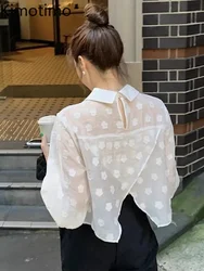 Kimotimo French Gentle Jacquard Shirt Women Pointed Collar Back Split Design Loose Crop Top Summer Thin Sheer Long Sleeve Blouse