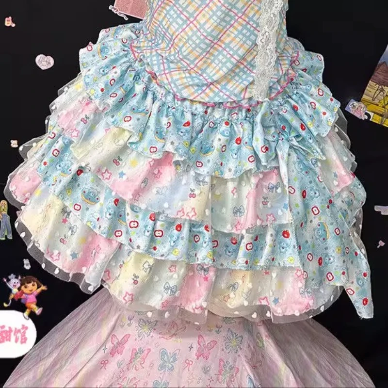 오리지널 플래드 레이스 컷아웃 슬리브리스 여성 슬링 일본풍 스윗 핫걸 Y2K 컬러풀 케이크 미니스커트 세트 여성용