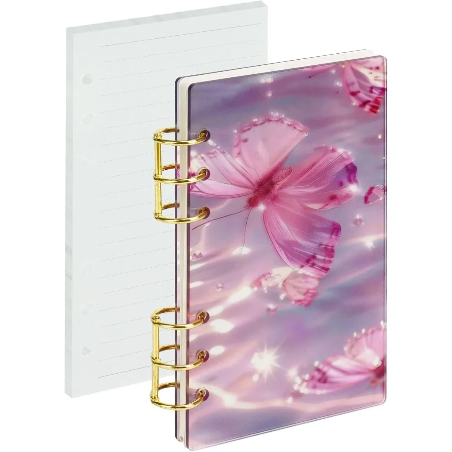 A6 Acrylic 6Ring Binder Notebook Purple Butterfly Loose Leaf Persol Planner Budget Binder 90 Sheets Lined Refills Paper Lay Fla