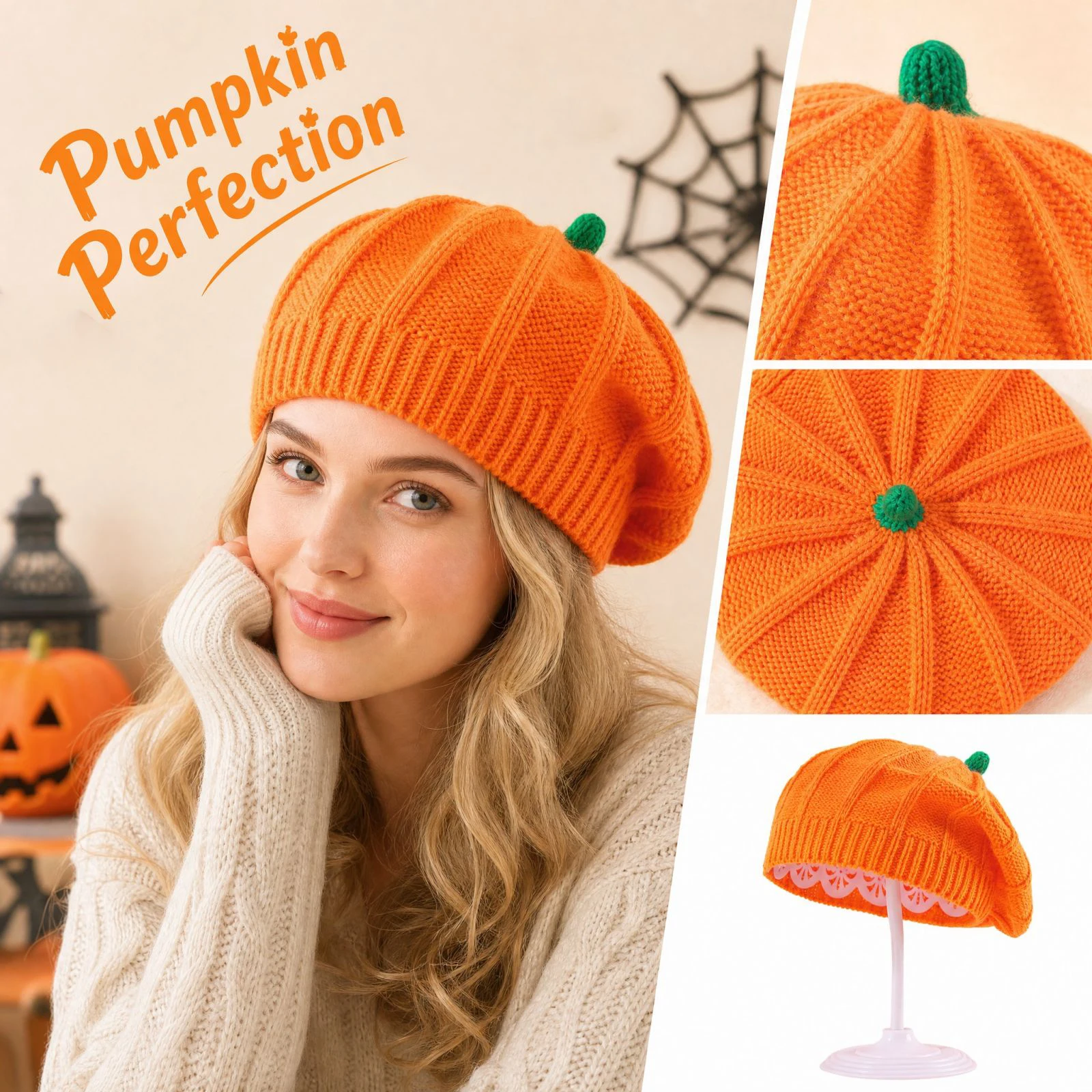 Warm Pumpkin Knitted Beret for Adults, Fall Winter Fashion Knitted Hat, Pumpkin Shape Hats, Halloween Costume Accessory