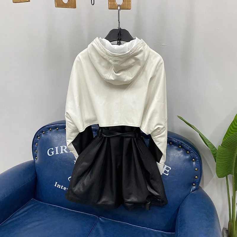 Lederen Capuchon Dames Jaet Bla Witte Kleur Blo Loose Fit Herfst Winter Nieuwe Sle Lange Sve Halflange Jas eepskin