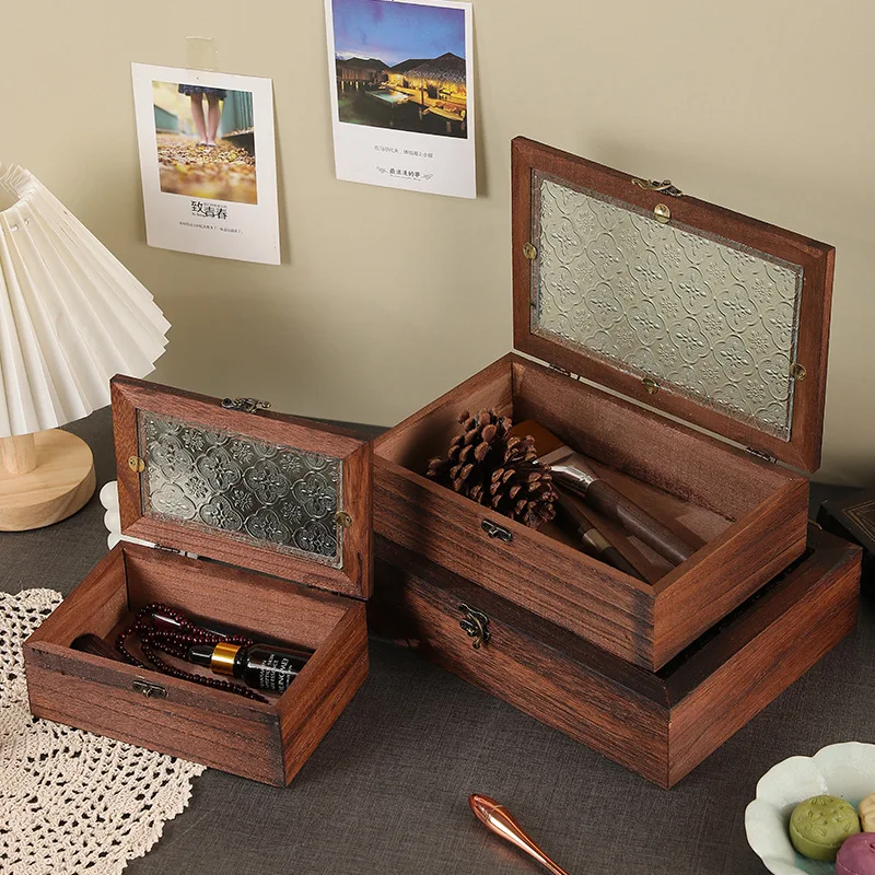 

Деревянная шкатулка для драгоценностей в стиле ретро, кольца, серьги, коробки для хранения, прозрачное стекло, ожерелья, браслет, витрина, женский органайзер, ювелирные изделия