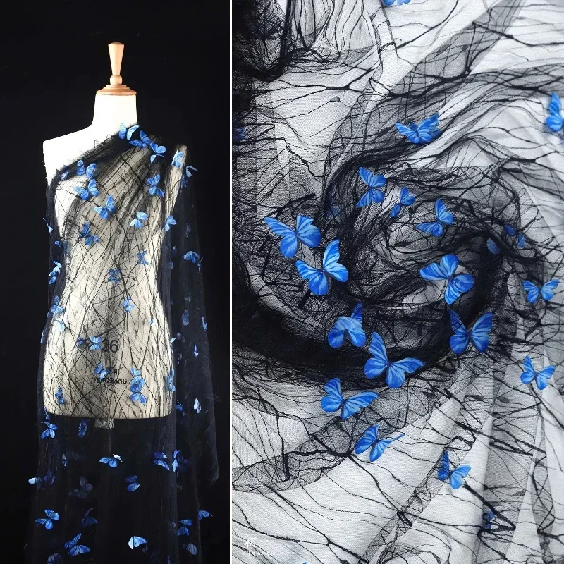 

Exquisite Blue Butterfly 3D Embroidery Mesh Fabric for DIY Design of Performance Costumes By The Yard