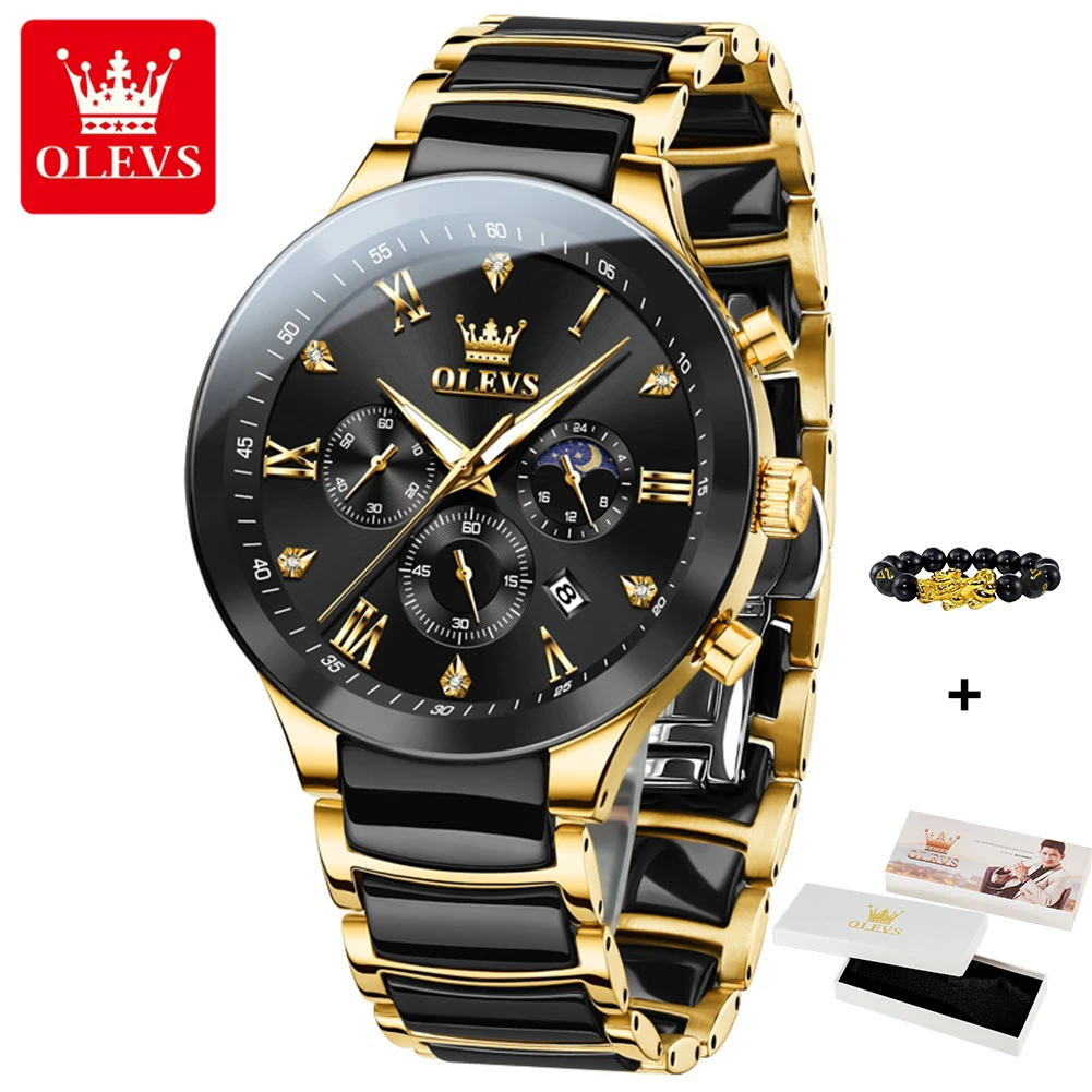 OLEVS 7004 New Roman Scale Quartz Watch For Men 44mm Big Dial Moon Phase Man Watches Ceramic Steel Strap Waterproof Hand Clock