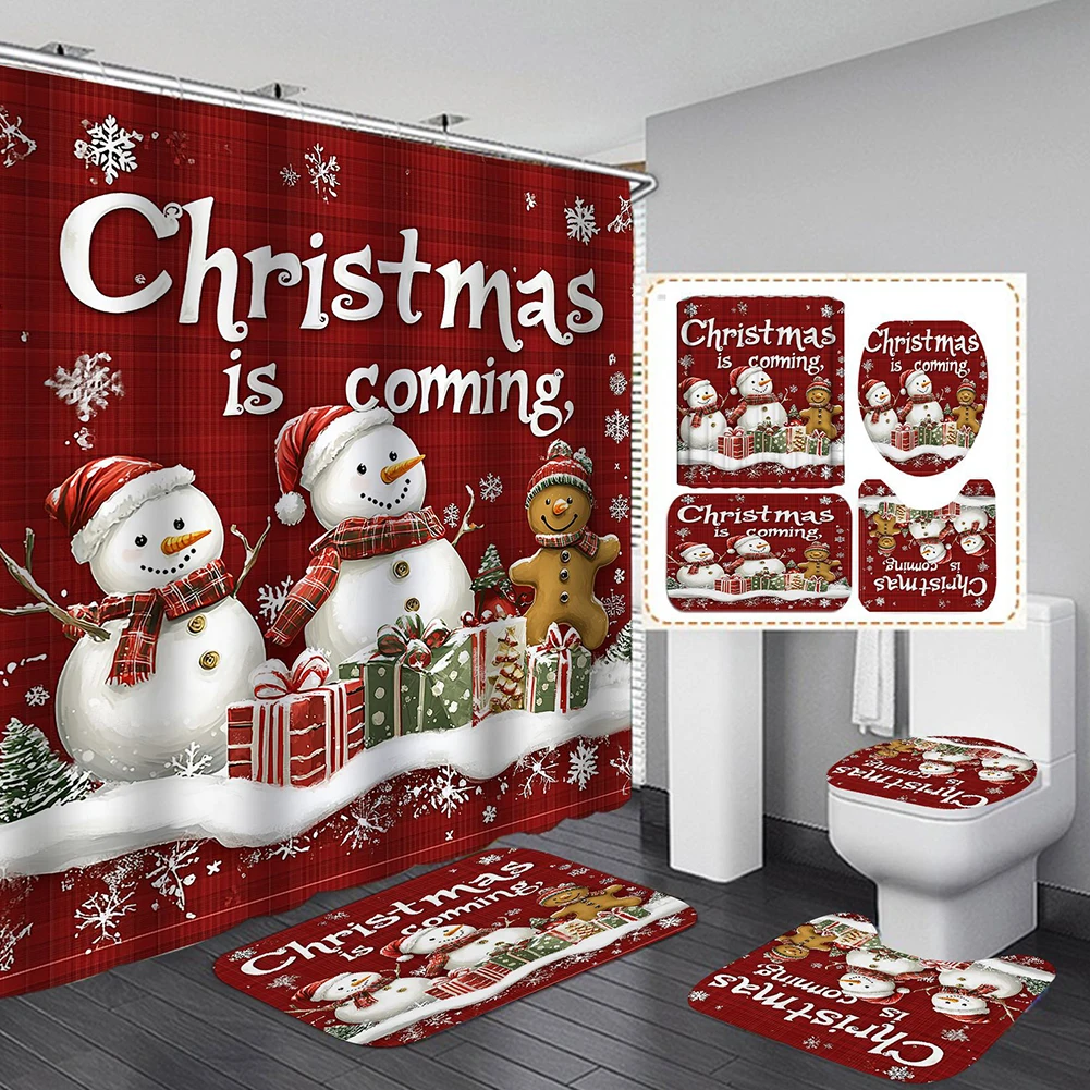 

4Pcs Christmas Shower Curtain Set with Rug Toilet Lid Cover Bath Mat (House)