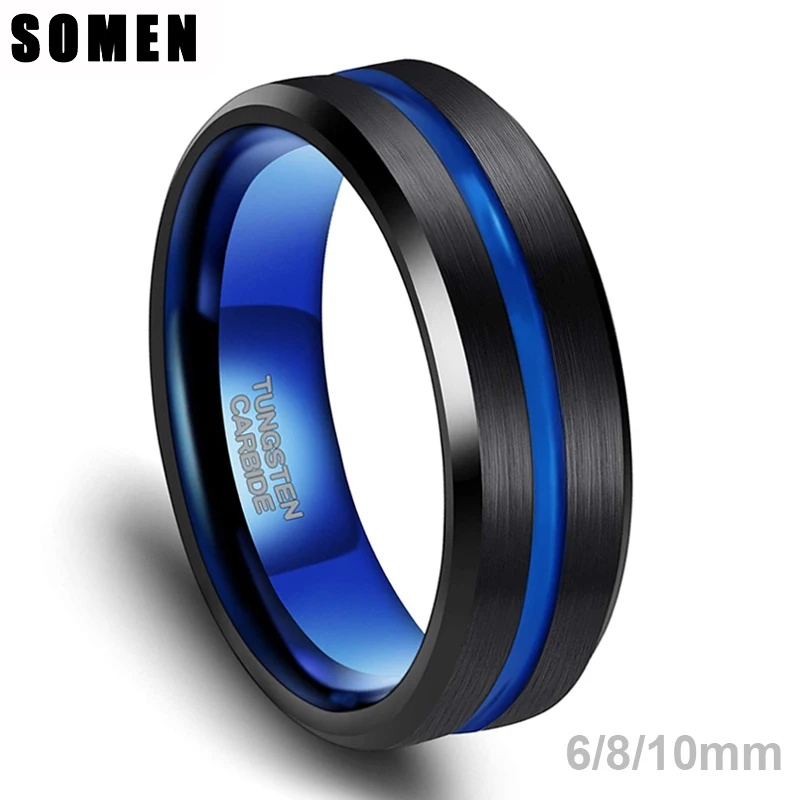 Somen męska obrączka 6/8/10mm wolfram czarny z niebieskim rowkiem/uvnitrz matowa szczotkowana obrączka zaręczynowa mężczyźni Bague Homme