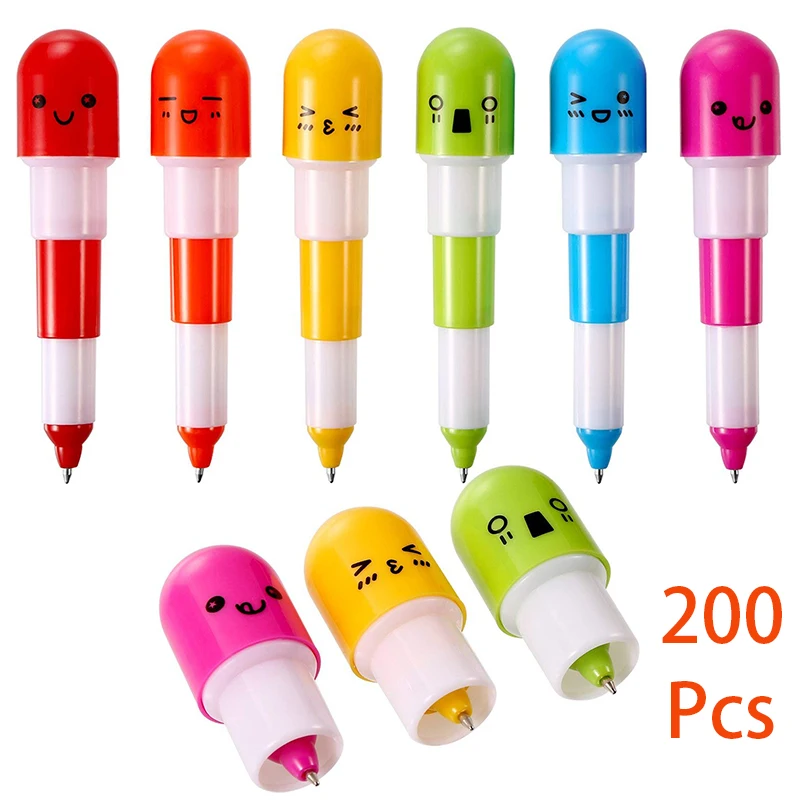 

200Pcs Smiling Face Pill Shape Ballpoint Pens Cute Cartoon Favor Retractable Ball Pen Vitamin Pill Novelty Pen