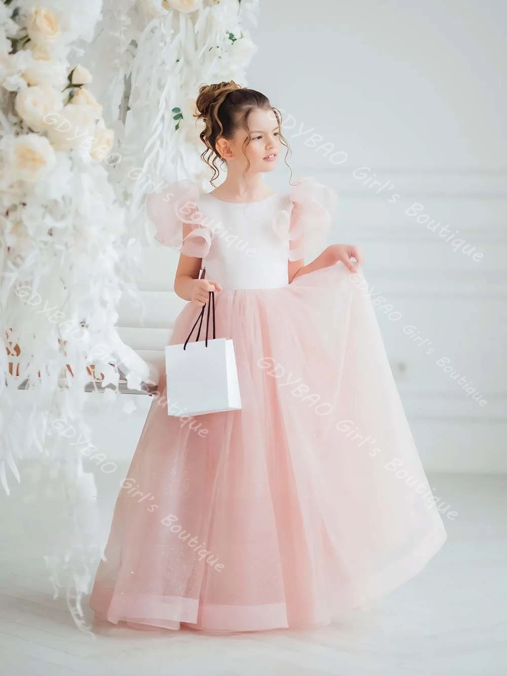 어린 소녀 핑크 미인 대회 드레스 오픈 백 프릴 Tulle 공주 꽃 소녀 드레스 a 라인 맞춤형 어린이 생일 파티 가운