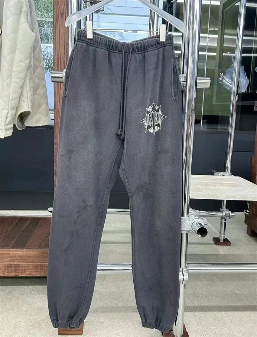 Pantaloni lavati stampati con lettere da strada giapponesi vintage Saint di alta qualità High Street Casual in pile di puro cotone sportivo alla moda